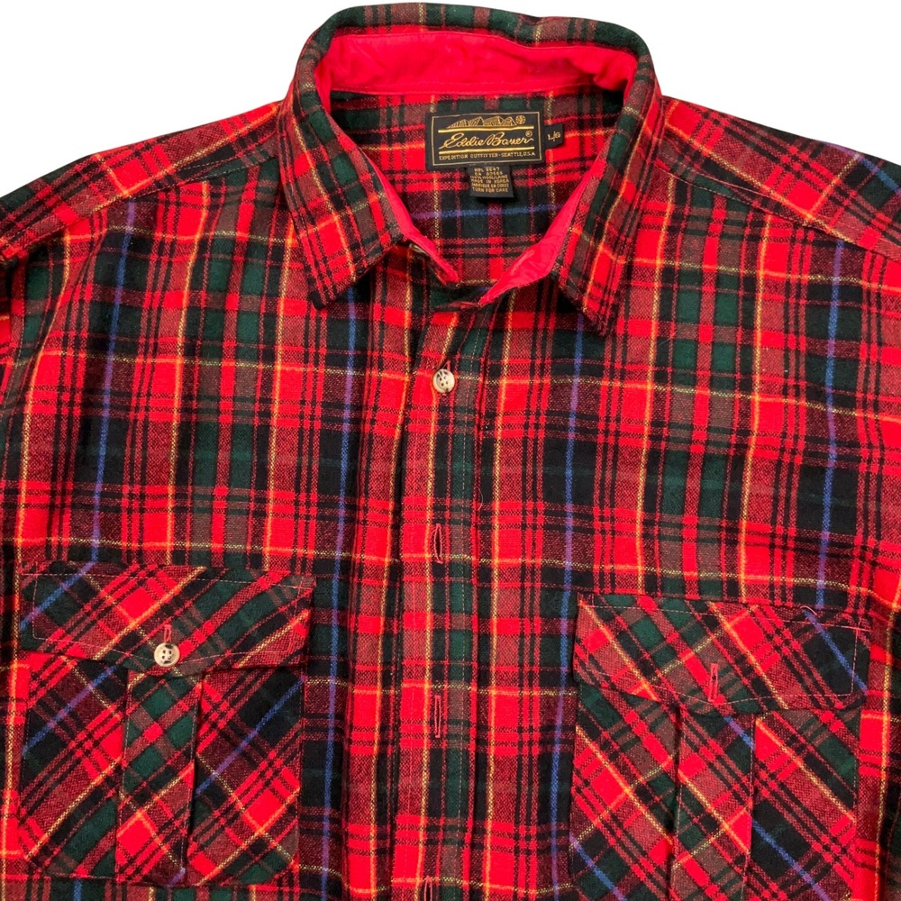 Eddie Bauer Flannel Shirt Mens L Red Plaid Heavyweight Lumberjack Winter Wool